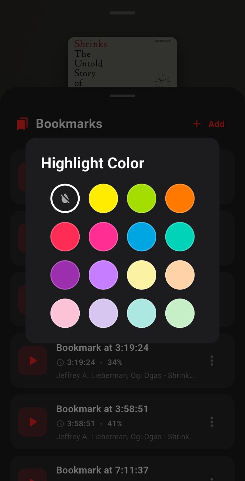 15-color highlight palette for bookmarks