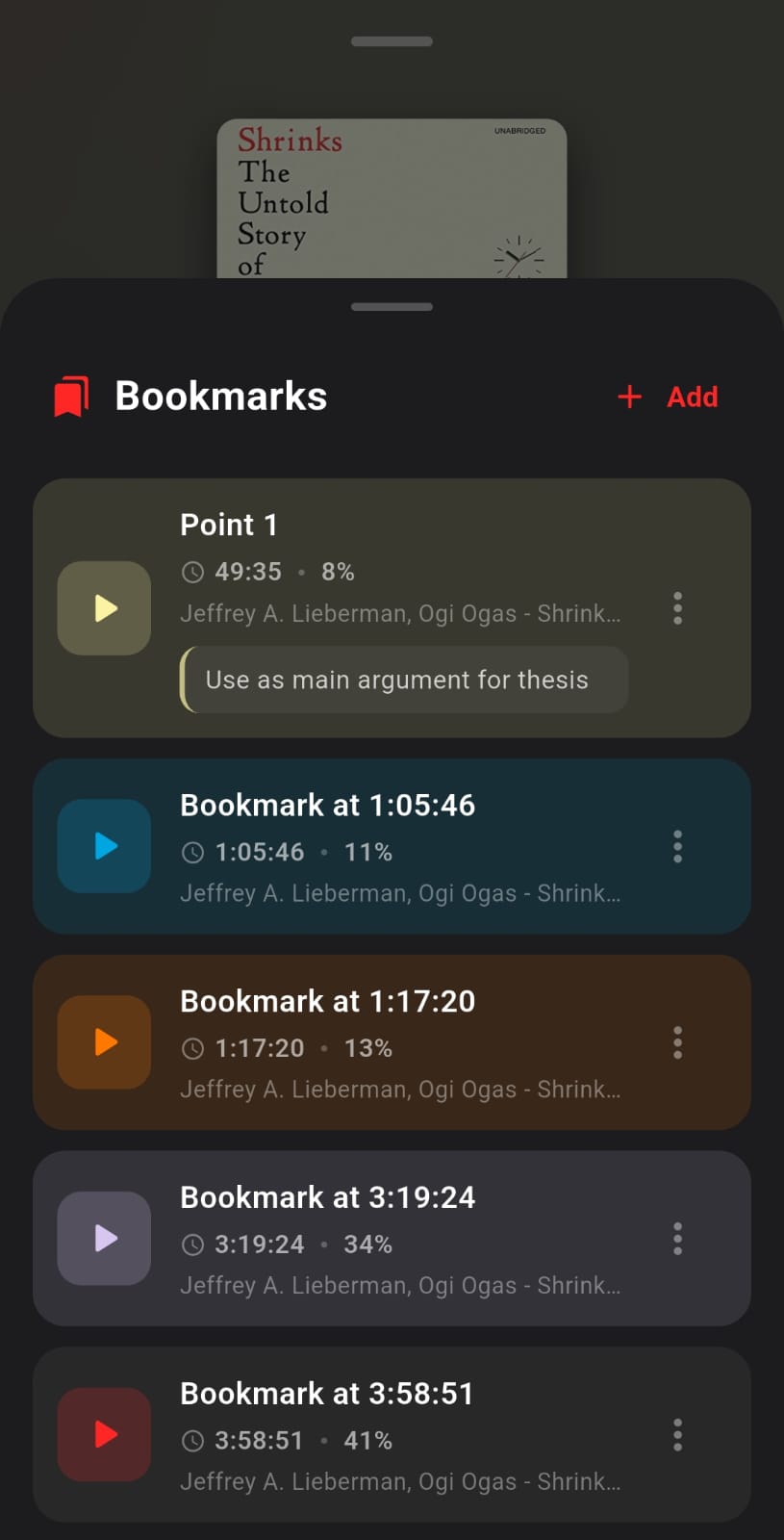 Bookmark list with color-coded entries and a note
