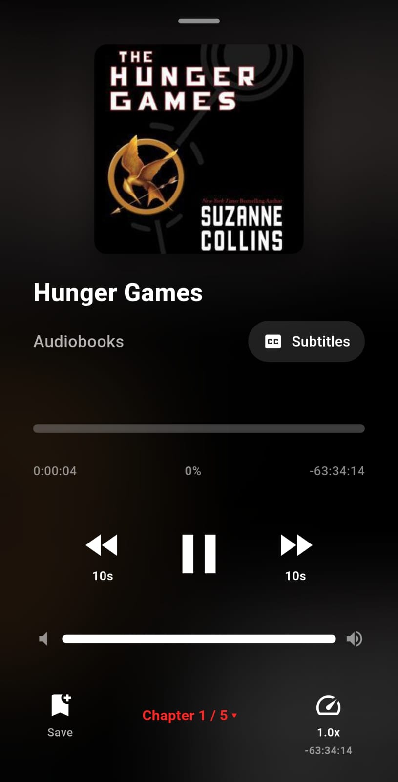 Hades Now Playing screen with cover art, whole-book seek bar, and playback controls