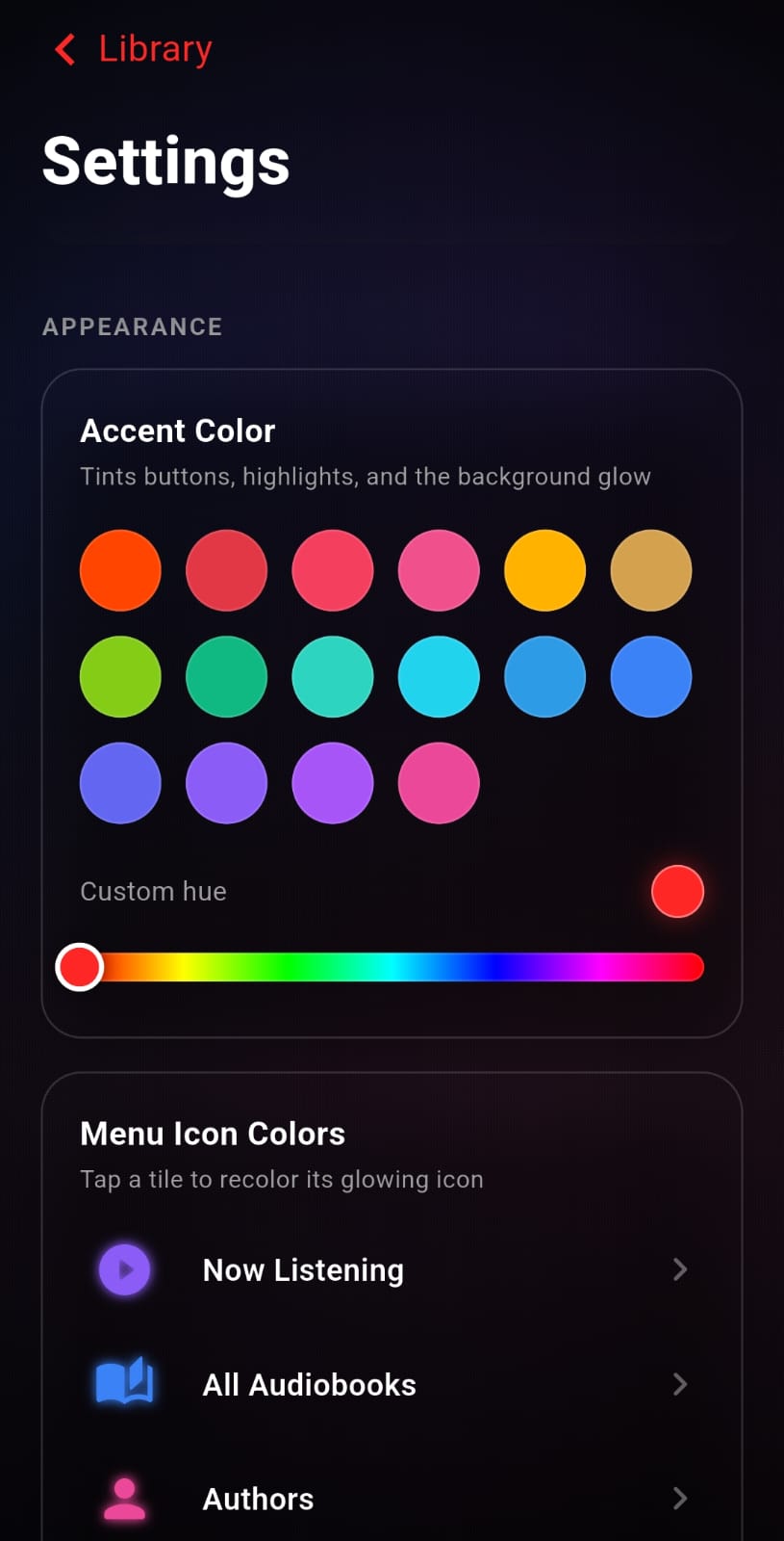 Accent color presets, custom hue slider, and menu icon colors