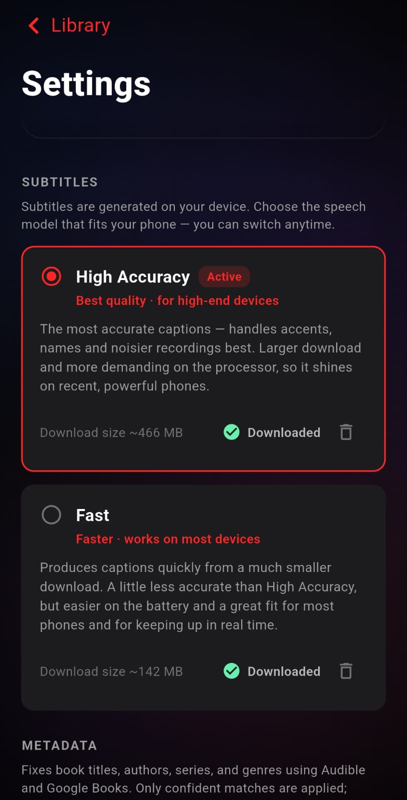 Subtitle model settings with High Accuracy and Fast tiers