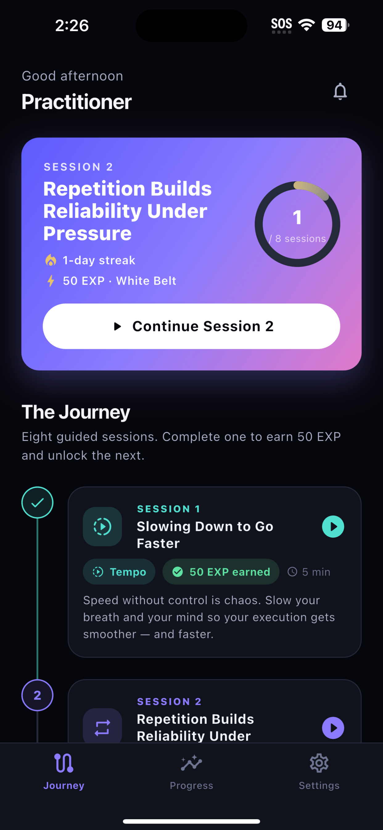 The Journey screen with the eight-session path