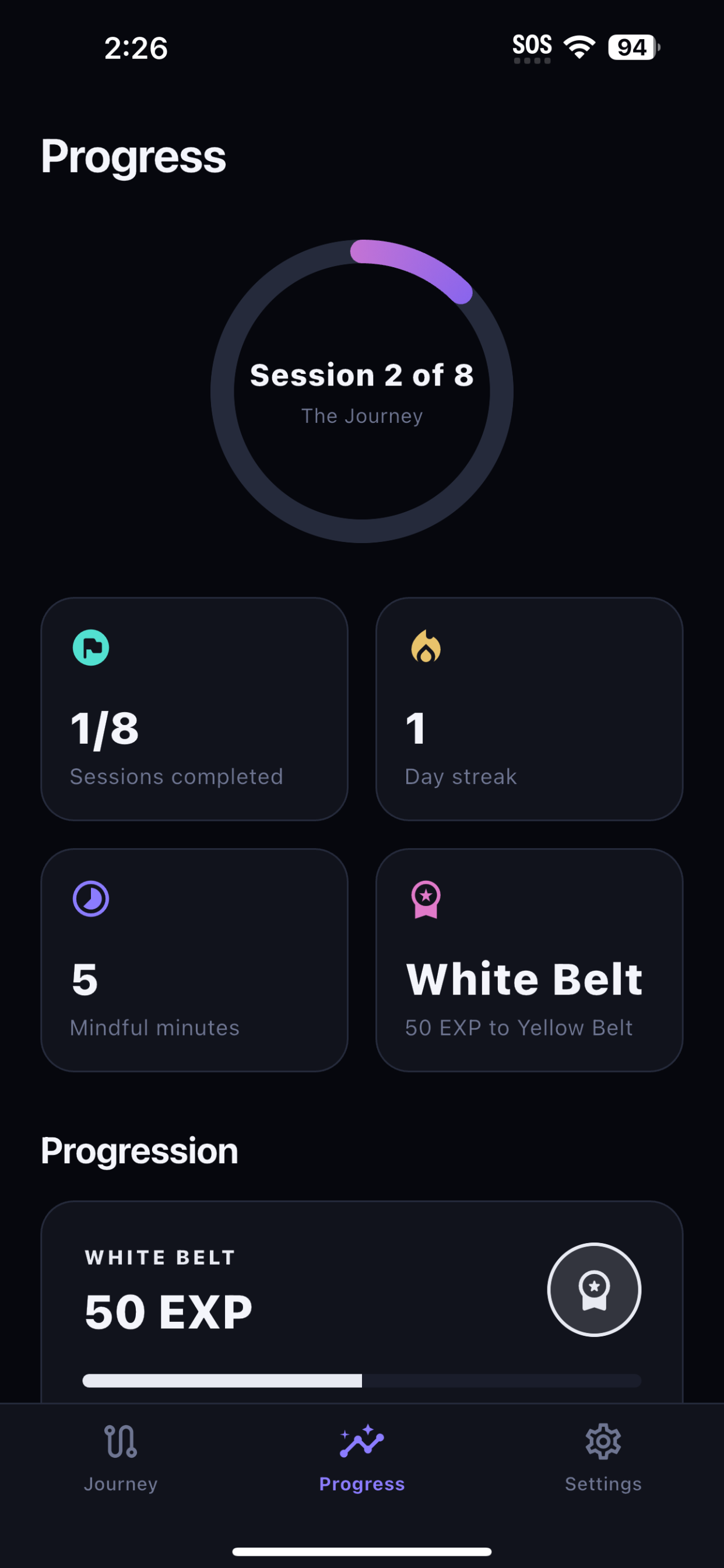 Zensei Progress screen with journey ring, streak, mindful minutes, and belt